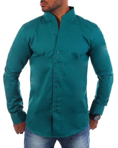 Carisma Herren Uni Langarm Stehkragen Hemd Slimfit tailliert figurbetont Party Club Look Optik Freizeit Casual einfarbig Basic H-902, Grösse:XXL, Farbe:Grün-Petrol von Carisma