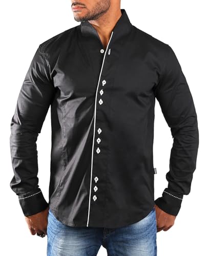 Carisma Herren Uni Langarm Stehkragen Hemd einfarbig Basic H-902-regular fit, Grösse:4XL, Farbe:Schwarz/Weiß von Carisma