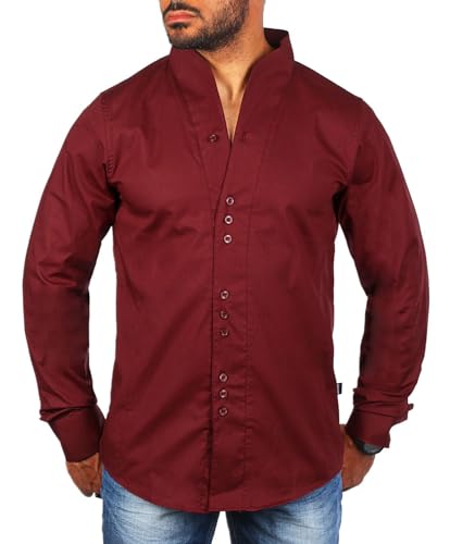Carisma Herren Uni Langarm Stehkragen Hemd einfarbig Basic H-902-regular fit, Grösse:M, Farbe:Weinrot von Carisma