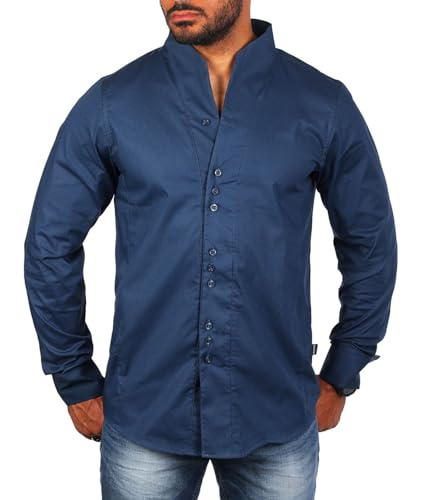Carisma Herren Uni Langarm Stehkragen Hemd einfarbig Basic H-902-regular fit, Grösse:S, Farbe:Dunkelblau von Carisma