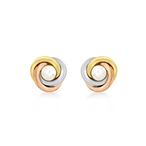 CARISSIMA Damen-Ohrstecker 9ct 3 Colour 9mm Knot and Pearl Stud Earrings 375 Tricolor Perle Rundschliff China-Zuchtperle Weiß-3.57.3313 von CARISSIMA