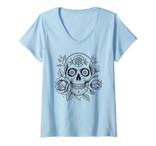 Damen Traditioneller Tattoo-Stil mit Totenkopf und Blumen T-Shirt mit V-Ausschnitt Damen Traditioneller Tattoo-Stil mit Totenkopf und Blumen T-Shirt mit V-Ausschnitt von Carissima Studio