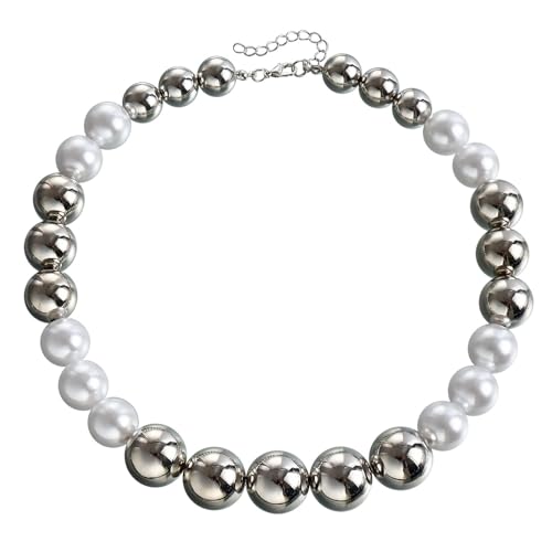 Caritierily Herzkette Halskette Damen Übertriebene große Perlen, modische kurze Halskette, Punk-Temperament, Imitationsperlen-Halsband Halskette Durchsichtig (White, One Size) von Caritierily