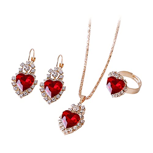 Caritierily Ketten Mit Blumen Herz Schmuck Liebe Herz Mode Ring Liebe Ohrringe Anhänger Mädchen Set Für Frauen Halskette Schmuck Sets Schmuckdeckchen Für Einmachgläser (Red, One Size) von Caritierily