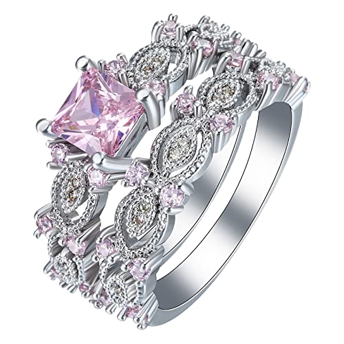 Caritierily Ringe Damen Silber Breit Engagement Zirkonia Frauen Eheringe Set Schmuck Ringe für Frau Damen Ring Set Ringe Deckenmontage (Pink, 6) von Caritierily