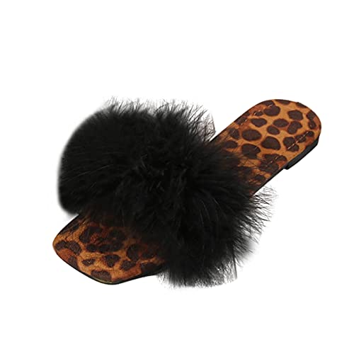 Flip Flops Pantoletten Slides Print Flip-Flop Toe Leopard Sommer Flache Unterseite Damen Pelzsandalen Damen Slipper, Schwarz , 38.5 EU von Caritierily