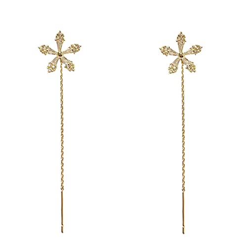 Glänzende -Lange Quasten-Blumen-Ohrringe Strass-Ohrclip-Ohrringe Dünne baumelnde Elegante Strass-Ohrringe Hochzeits-Blumen-Ohrringe für Frauen Leichte Ohrhänger (Gold, One Size) von Caritierily