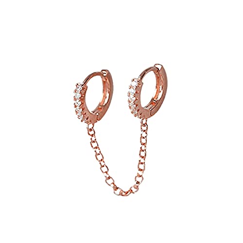 Kettenohrringe für Frauen, doppeltes Piercing, baumelnde Kette, Huggie-Creolen, Zirkonia, Perlen, Ohrstecker für Frauen, doppelter Kreis, verbundene Ohrringe Ornament Ohrringe (Rose Gold, One Size) von Caritierily