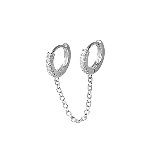 Kettenohrringe für Frauen, doppeltes Piercing, baumelnde Kette, Huggie-Creolen, Zirkonia, Perlen, Ohrstecker für Frauen, doppelter Kreis, verbundene Ohrringe Ornament Ohrringe Rund (Silver, One Size) von Caritierily