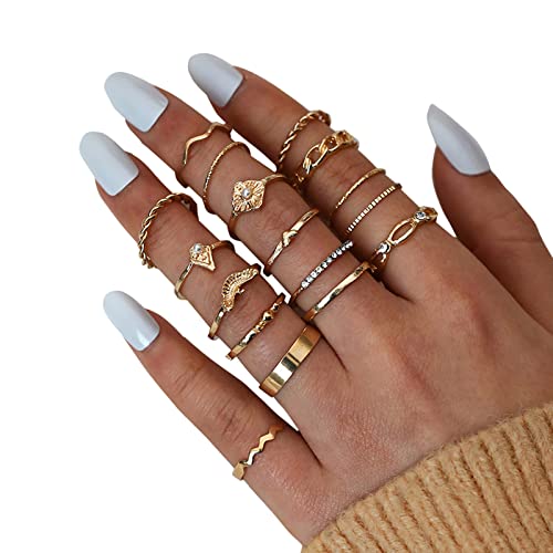 Ringbox Für 2 Ringe 17-teiliges Gold-Ring-Set für Frauen, böhmische Ringe für, Edelstein-Kristallringe, gemeinsame Knoten-Ring-Sets für Teenager, Party, Fesvital, Schmuck, Partner (D-Gold, One Size) von Caritierily