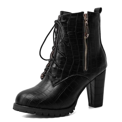 Carkuolary Damen Combat Stiefelette Runde Zehen Chunky Schnüren Side Zippers Block Heels Stiefeletten für Frauen Mädchen Damen Schwarz Große 32 von Carkuolary