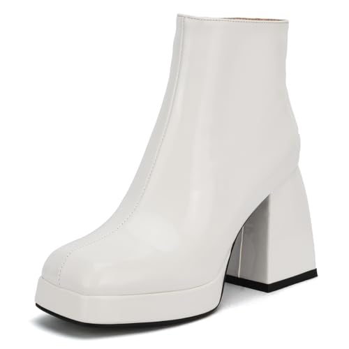 Carkuolary Damen Square Toe Plateau Chunky Heel Short Shaft Knöchel Stiefel Comfort Smart Buro Formal Arbeit Party Schuhe für Frauen Mädchen Damen Weiß Große 33 von Carkuolary
