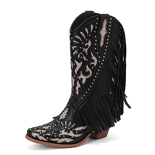 Carkuolary Damen Western Cowboy Arbeit Stiefel Franse Bootie Quasten Stiefel Mode Retro Klassischer Tall Boot für Frauen Mädchen Damen Schwarz Große 40 von Carkuolary