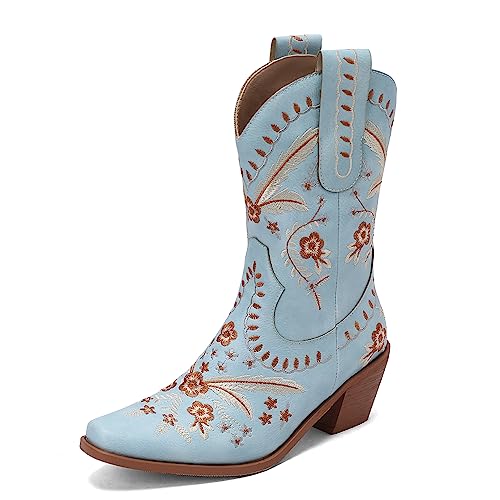 Carkuolary Damen Western Cowboy Arbeit Stiefel with Embroidered Mode Retro Klassischer Tall Boot für Frauen Mädchen Damen Blau Große 36 von Carkuolary