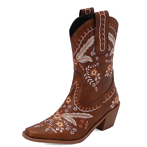 Carkuolary Damen Western Cowboy Arbeit Stiefel with Embroidered Mode Retro Klassischer Tall Boot für Frauen Mädchen Damen Braun Große 37 von Carkuolary