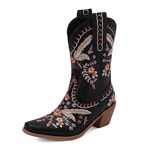 Carkuolary Damen Western Cowboy Arbeit Stiefel with Embroidered Mode Retro Klassischer Tall Boot für Frauen Mädchen Damen Schwarz Große 34 von Carkuolary