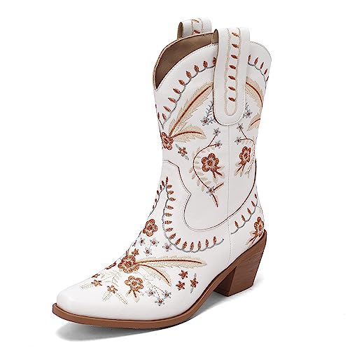 Carkuolary Damen Western Cowboy Arbeit Stiefel with Embroidered Mode Retro Klassischer Tall Boot für Frauen Mädchen Damen Weiß Große 38 von Carkuolary