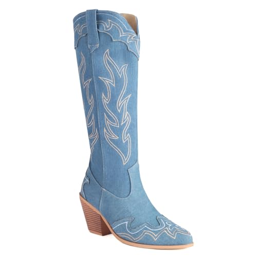 Carkuolary Damen Western Cowboystiefel with Embroidered Mode Retro Klassischer Tall Boot Pull On für Frauen Mädchen Damen Blau Große 37 von Carkuolary