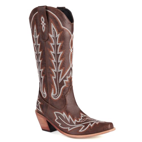 Carkuolary Damen Western Cowboystiefel with Embroidered Mode Retro Klassischer Tall Boot Pull On für Frauen Mädchen Damen Braun Große 36 von Carkuolary