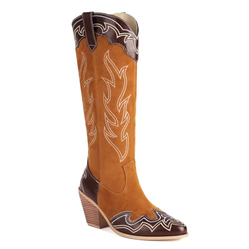 Carkuolary Damen Western Cowboystiefel with Embroidered Mode Retro Klassischer Tall Boot Pull On für Frauen Mädchen Damen Braun Große 39 von Carkuolary