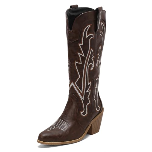 Carkuolary Damen Western Cowboystiefel with Embroidered Mode Retro Klassischer Tall Boot Pull On für Frauen Mädchen Damen Braun Große 45 von Carkuolary