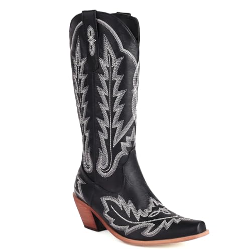 Carkuolary Damen Western Cowboystiefel with Embroidered Mode Retro Klassischer Tall Boot Pull On für Frauen Mädchen Damen Schwarz Große 41 von Carkuolary