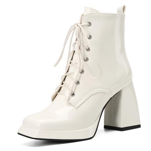 Carkuolary Womens Mode Side Zipper Cream Stiefeletten Chunky Heel Knöchel Stiefel Disco Costume Winter Schuhe für Frauen Mädchen Damen Große 38 von Carkuolary