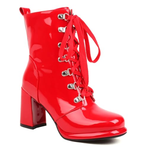 Carkuolary Womens Mode Side Zipper Rot Stiefeletten Chunky Heel Knöchel Stiefel Disco Costume Winter Schuhe für Frauen Mädchen Damen Große 41 von Carkuolary