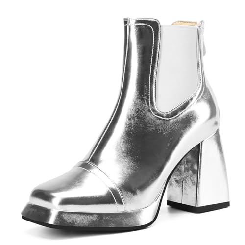 Carkuolary Womens Mode Side Zipper Silber Stiefeletten Chunky Heel Knöchel Stiefel Disco Costume Winter Schuhe für Frauen Mädchen Damen Große 41 von Carkuolary