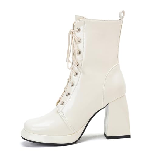 Carkuolary Womens Mode Side Zipper Weiß Stiefeletten Chunky Heel Knöchel Stiefel Disco Costume Winter Schuhe für Frauen Mädchen Damen Große 40 von Carkuolary