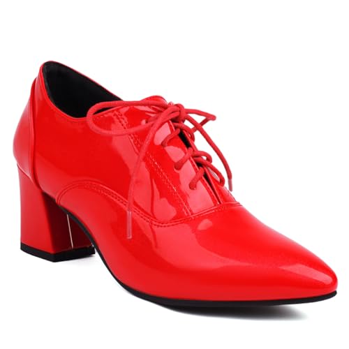 Damen Derbys Schnürsenkel Leder Dancing Schuhe Chunky Heel Ballroom Shoe British Style Oxfords Schuhe für Frauen Mädchen Damen Rot Große 38 von Carkuolary