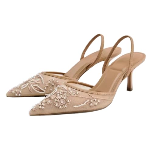 Damen Embroidered Mesh Slingback Heels - Thin Heels Pointed Toe Elastisch Strap Elegant Party & Dress Schuhe für Frauen Damen Mädchen Braun Große 41 von Carkuolary