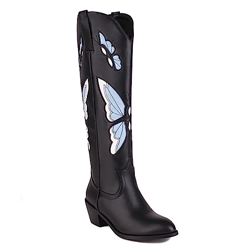 Damen Embroidered Western Cowboystiefel Wide Calf Cowgirl Stiefel with Chunky Heel 5cm Mode Retro Klassischer Tall Boot für Frauen Mädchen Damen Schwarz Blau Große 34 von Carkuolary