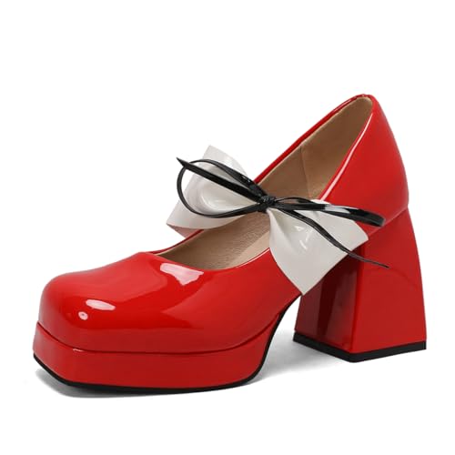 Damen Süß Bowtie Absatz Chunky Square Runde Zehen Plattform Süß Bowtie Mary Jane Pumps Dress Buro Schuhe für Frauen Mädchen Damen Rot Große 35 von Carkuolary