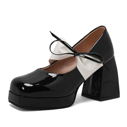 Damen Süß Bowtie Absatz Chunky Square Runde Zehen Plattform Süß Bowtie Mary Jane Pumps Dress Buro Schuhe für Frauen Mädchen Damen Schwarz Große 45 von Carkuolary