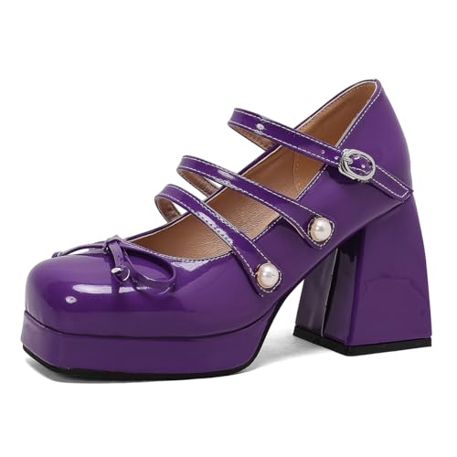 Damen Süß Bowtie Absatz Chunky Square Runde Zehen Plattform Süß Bowtie Mary Jane Pumps Dress Buro Schuhe für Frauen Mädchen Damen Violett Große 41 von Carkuolary