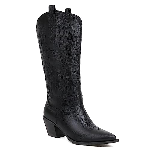 Damen Western Cowboystiefel Halblange Stiefel Wide Calf Cowgirl Metallisch Stiefel with Embroidered Mode Retro Klassischer Tall Boot für Frauen Mädchen Damen Schwarz Große 34 von Carkuolary