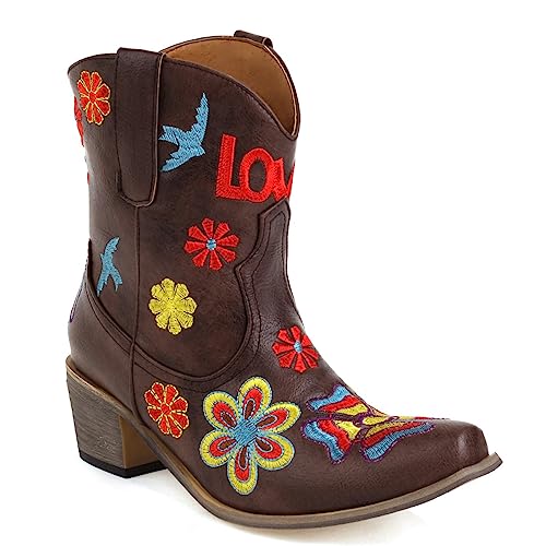 Damen Western Cowboystiefel Halblange Stiefel Wide Calf Cowgirl Stiefel with Embroidered Chunky Heel Pointed Toe Mode Retro Klassischer Pull On für Frauen Mädchen Damen von Carkuolary