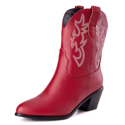 Damen Western Cowboystiefel with Embroidered Mode Retro Klassischer Basic Mid Calf Wide Calf Cowgirl Stiefel für Frauen Mädchen Damen Big Rot Große 38 von Carkuolary