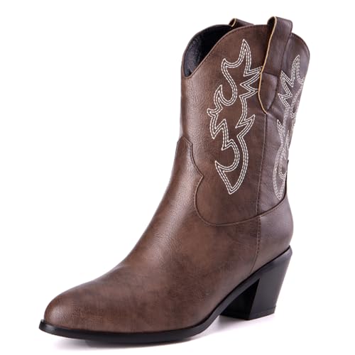 Damen Western Cowboystiefel with Embroidered Mode Retro Klassischer Basic Mid Calf Wide Calf Cowgirl Stiefel für Frauen Mädchen Damen Dark Braun Große 40 von Carkuolary