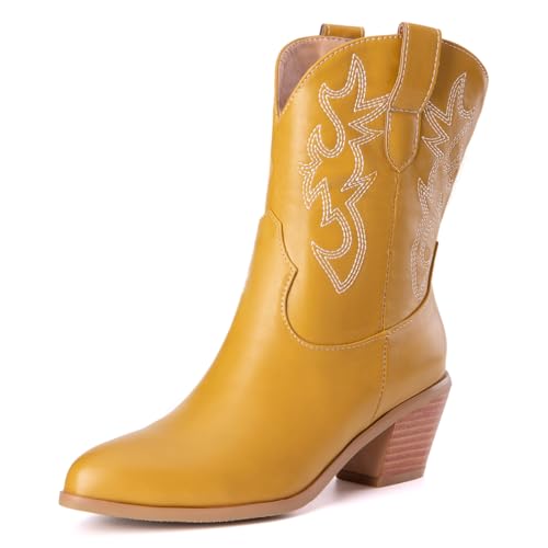 Damen Western Cowboystiefel with Embroidered Mode Retro Klassischer Basic Mid Calf Wide Calf Cowgirl Stiefel für Frauen Mädchen Damen Gelb Große 37 von Carkuolary