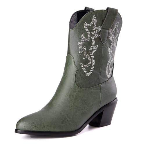 Damen Western Cowboystiefel with Embroidered Mode Retro Klassischer Basic Mid Calf Wide Calf Cowgirl Stiefel für Frauen Mädchen Damen Grün Große 35 von Carkuolary