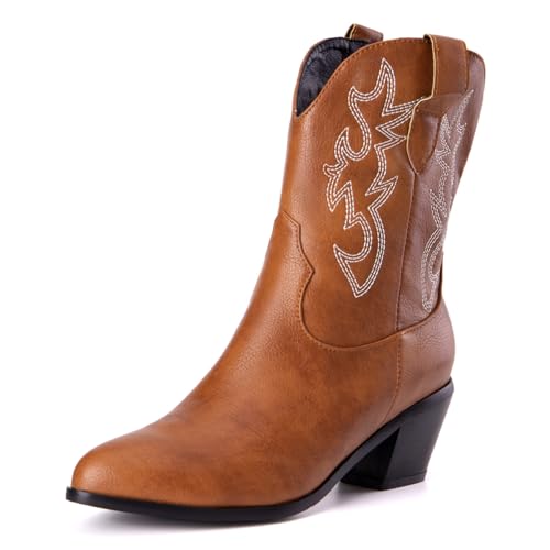 Damen Western Cowboystiefel with Embroidered Mode Retro Klassischer Basic Mid Calf Wide Calf Cowgirl Stiefel für Frauen Mädchen Damen Light Braun Große 35 von Carkuolary