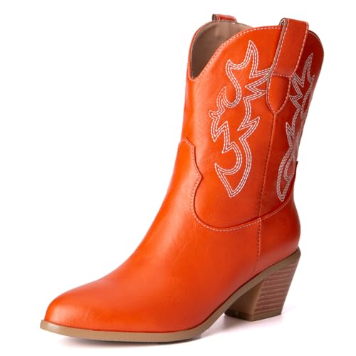 Damen Western Cowboystiefel with Embroidered Mode Retro Klassischer Basic Mid Calf Wide Calf Cowgirl Stiefel für Frauen Mädchen Damen Orange Große 40 von Carkuolary