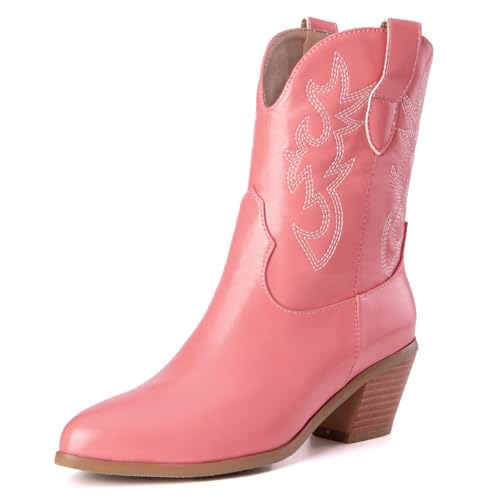 Damen Western Cowboystiefel with Embroidered Mode Retro Klassischer Basic Mid Calf Wide Calf Cowgirl Stiefel für Frauen Mädchen Damen Rosa Große 44 von Carkuolary