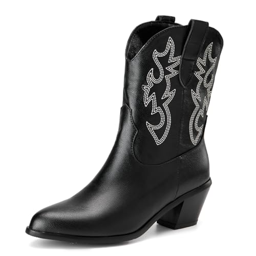 Damen Western Cowboystiefel with Embroidered Mode Retro Klassischer Basic Mid Calf Wide Calf Cowgirl Stiefel für Frauen Mädchen Damen Schwarz Große 34 von Carkuolary