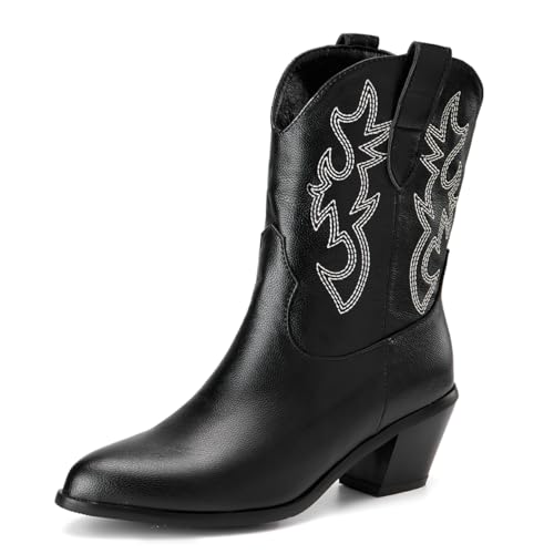 Damen Western Cowboystiefel with Embroidered Mode Retro Klassischer Basic Mid Calf Wide Calf Cowgirl Stiefel für Frauen Mädchen Damen Schwarz Große 47 von Carkuolary