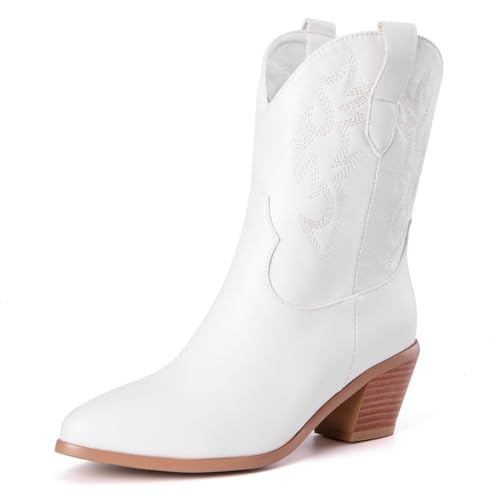 Damen Western Cowboystiefel with Embroidered Mode Retro Klassischer Basic Mid Calf Wide Calf Cowgirl Stiefel für Frauen Mädchen Damen Weiß Große 38 von Carkuolary
