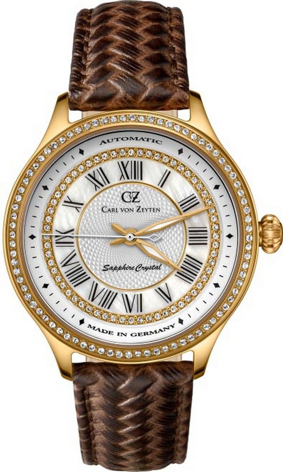 Carl von Zeyten Automatikuhr Hornberg - Damenuhr in Roségold mit glitzernden Swarovski-Steinen, mit elegantem Lederarmband in Braun - Made in Germany von Carl von Zeyten