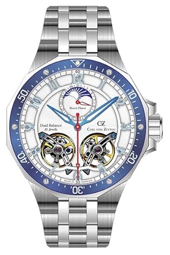 Carl von Zeyten Automatikuhr Kirchzarten CVZ 0093 WHMS - Herren-Armbanduhr mit Dual-Balance, Mondphase & Datum - Edelstahlgehäuse 316L, Saphirglas, Automatikwerk Cal. 225 - Made in Germany von Carl von Zeyten